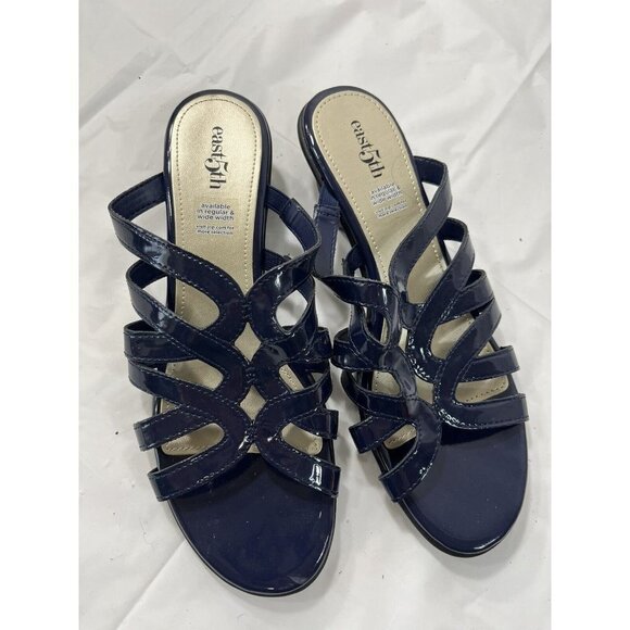 East 5th EF Eris Blue Patent Leather Slip On Open Toe Sandals Shoes size 9 - Picture 1 of 12